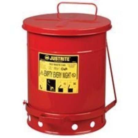 Justrite 09300 Waste Can, 10 gal Capacity, 18-1/4 in H, Foot-Operated Self-Closing Closure, Steel, Red 9300